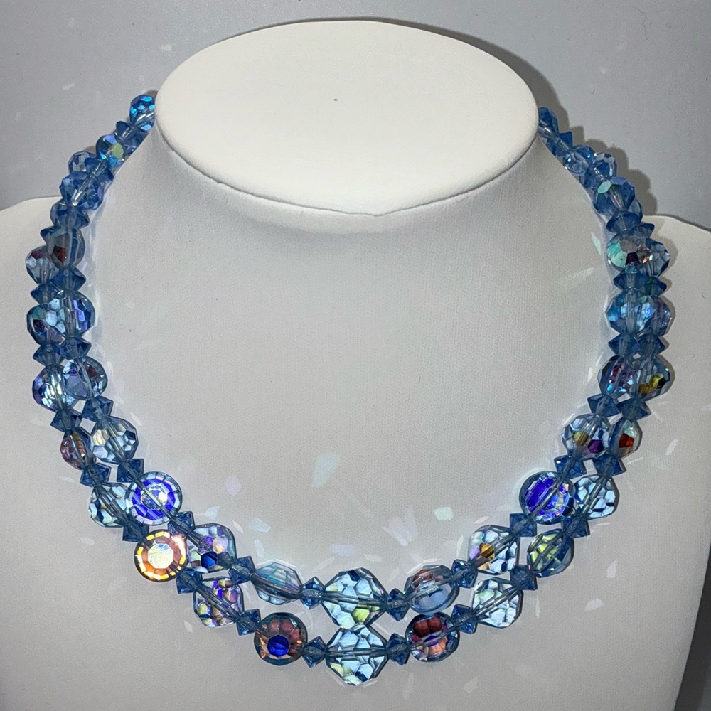 Vintage blue aurora borealis crystal double-strand necklace - Picture 6 of 6